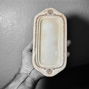 VTG Royal Wellesley Butter Dish Ceramic Tray Cream Brown Floral Pattern USA Flaw